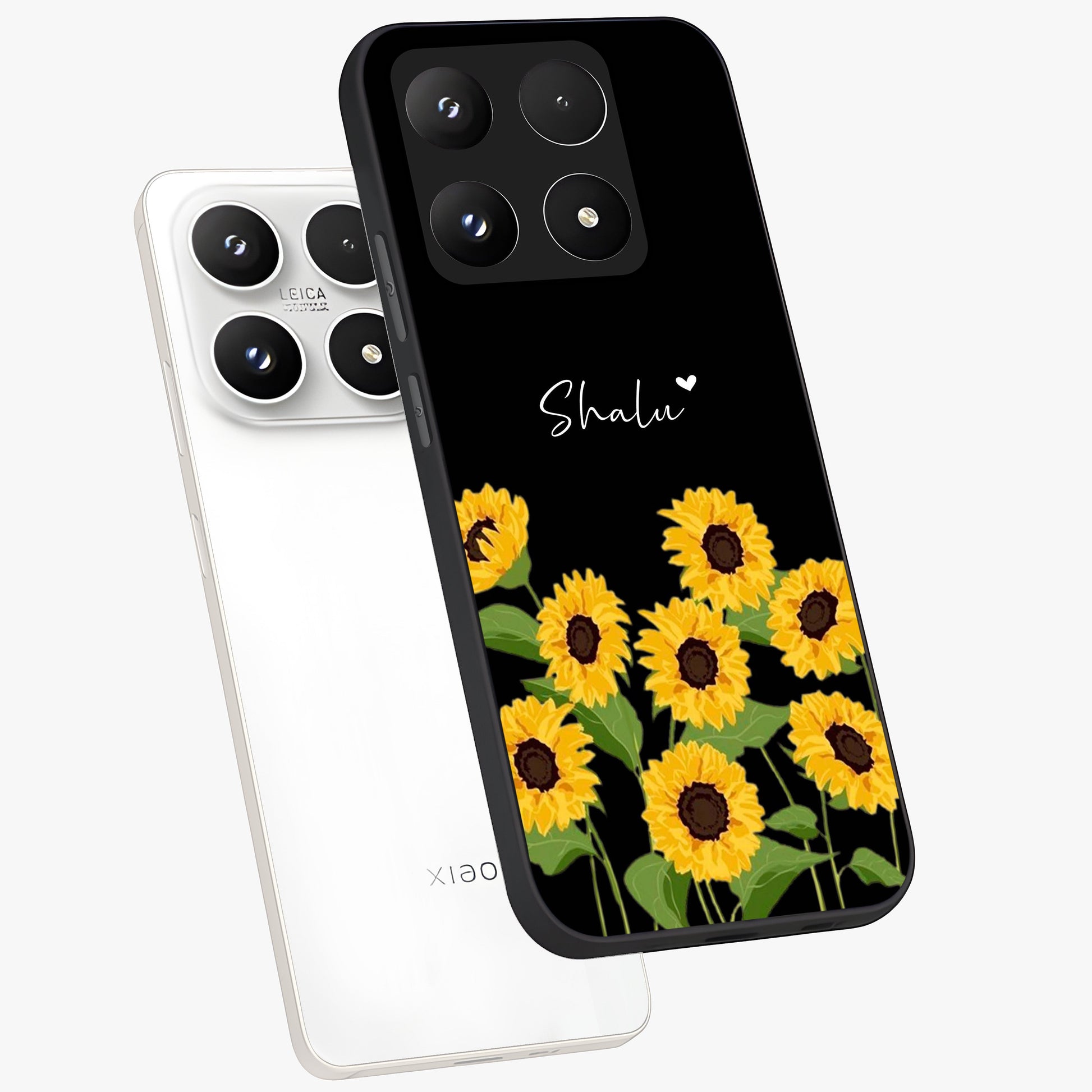 Sunflower Chic Mood Custom Name Glass Case displayed in angled mockup highlighting vibrant sunflower design with custom name feature.