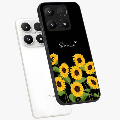 Sunflower Chic Mood Custom Name Glass Case displayed in angled mockup highlighting vibrant sunflower design with custom name feature.