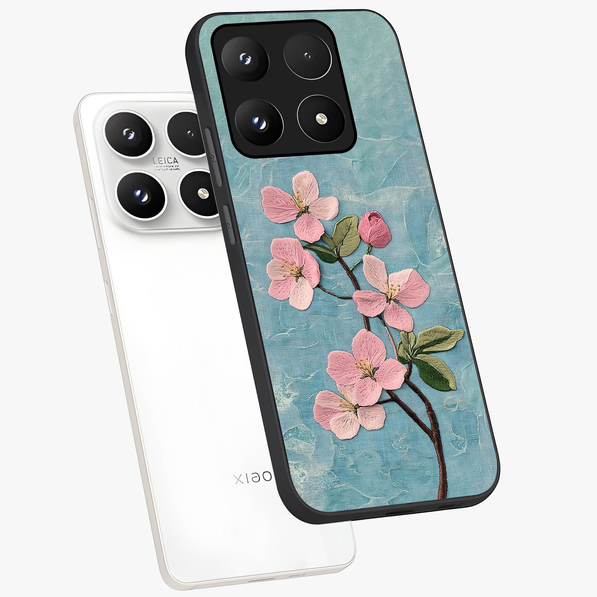 Threaded Blossom Breeze Glass Case displayed in angled mockup highlighting elegant floral design with soft aesthetic style.