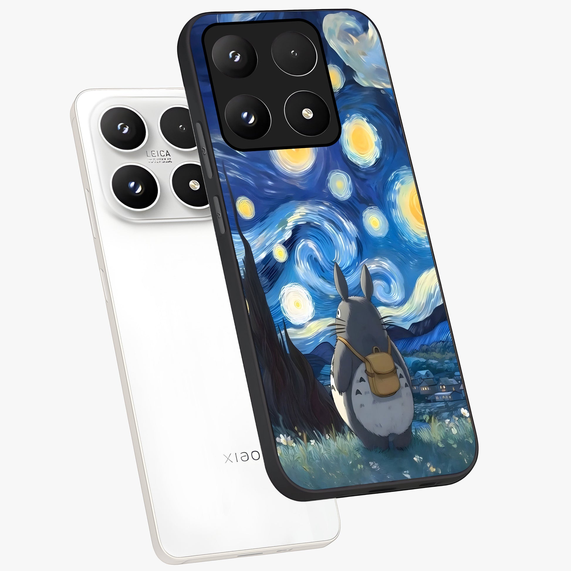 Totoro In Van Gogh Art Glass Case displayed in angled mockup highlighting artistic swirling sky design with playful animation aesthetic.