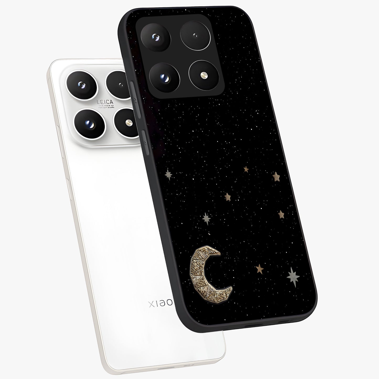 Twinkle Star With Half Moon Glass Case displayed in angled mockup highlighting celestial moon and star design with magical aesthetic.