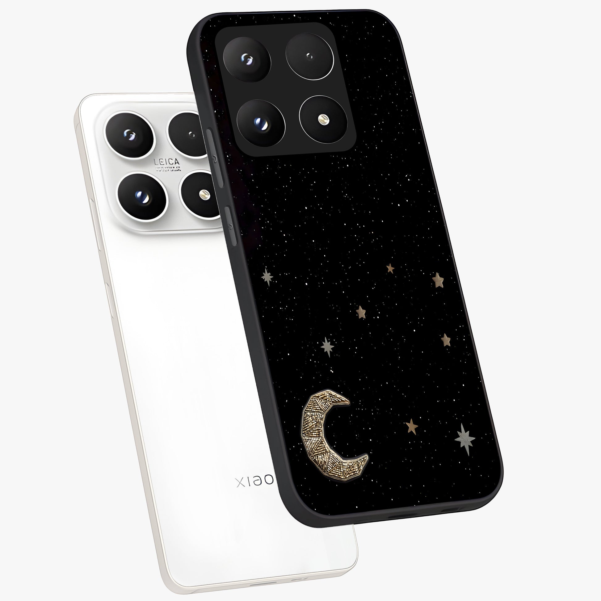 Twinkle Star With Half Moon Glass Case displayed in angled mockup highlighting celestial moon and star design with magical aesthetic.