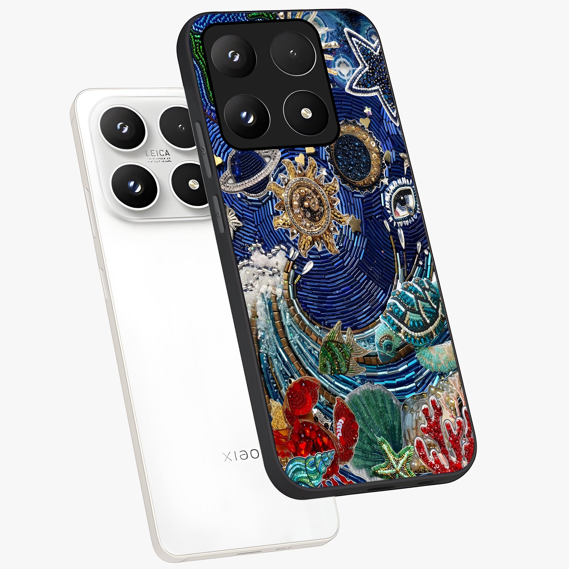 Universe Underwater Spark Glass Case displayed in angled mockup highlighting glowing aquatic design with celestial aesthetic.