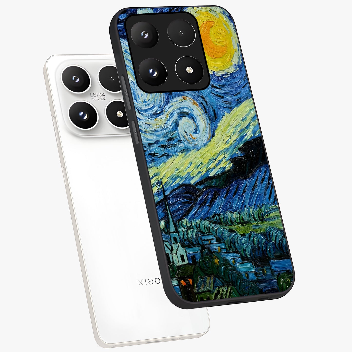 Van Gogh Art Glass Case displayed in angled mockup highlighting swirling brushstroke design with artistic aesthetic.