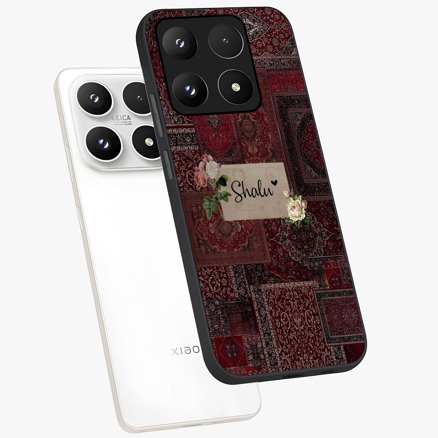 Velvet Wine Pattern Custom Name Glass Case displayed in angled mockup highlighting decorative velvet inspired design with custom name feature.