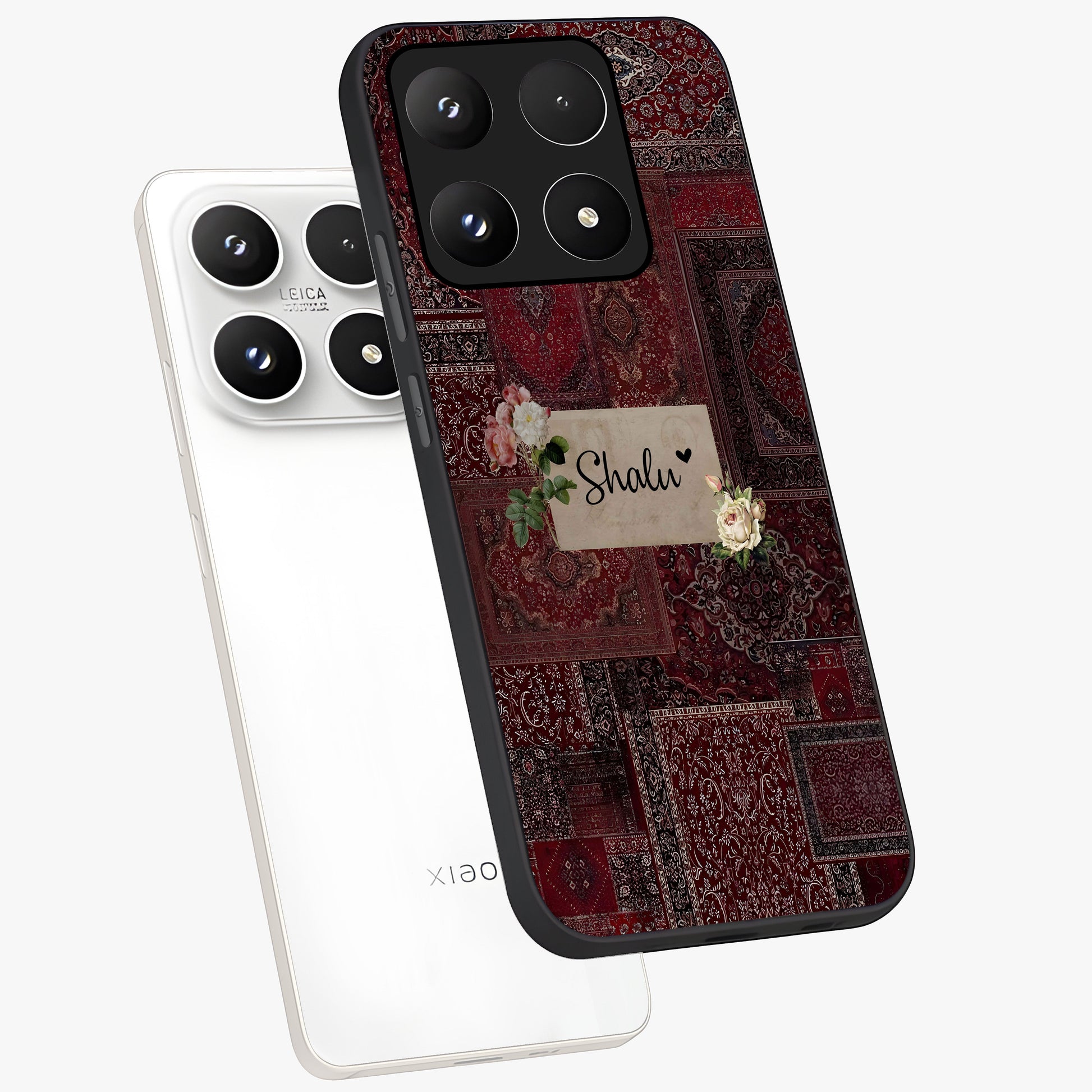 Velvet Wine Pattern Custom Name Glass Case displayed in angled mockup highlighting decorative velvet inspired design with custom name feature.