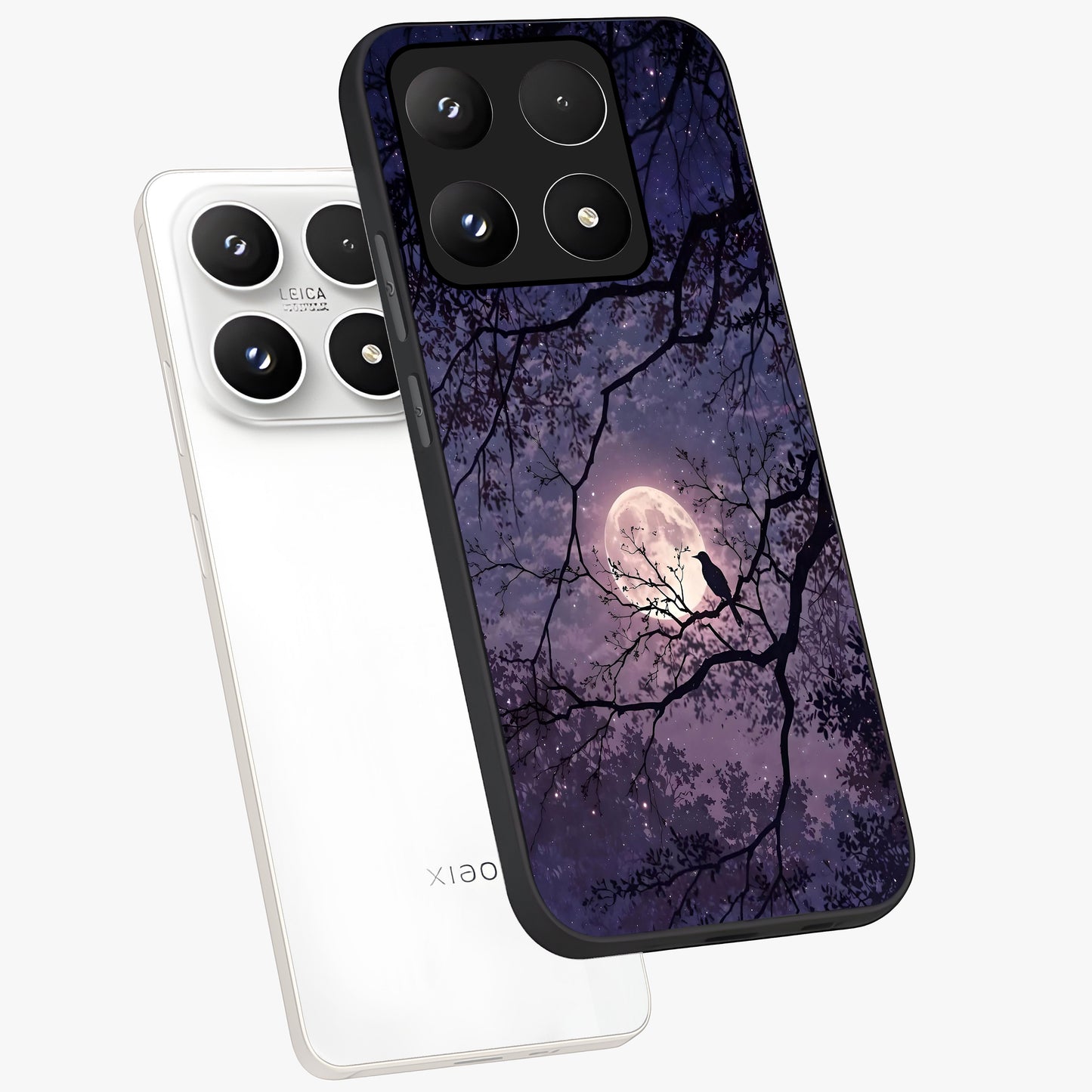 Whispering Moon Silence Glass Case displayed in angled mockup highlighting calm lunar design with dreamy night aesthetic.