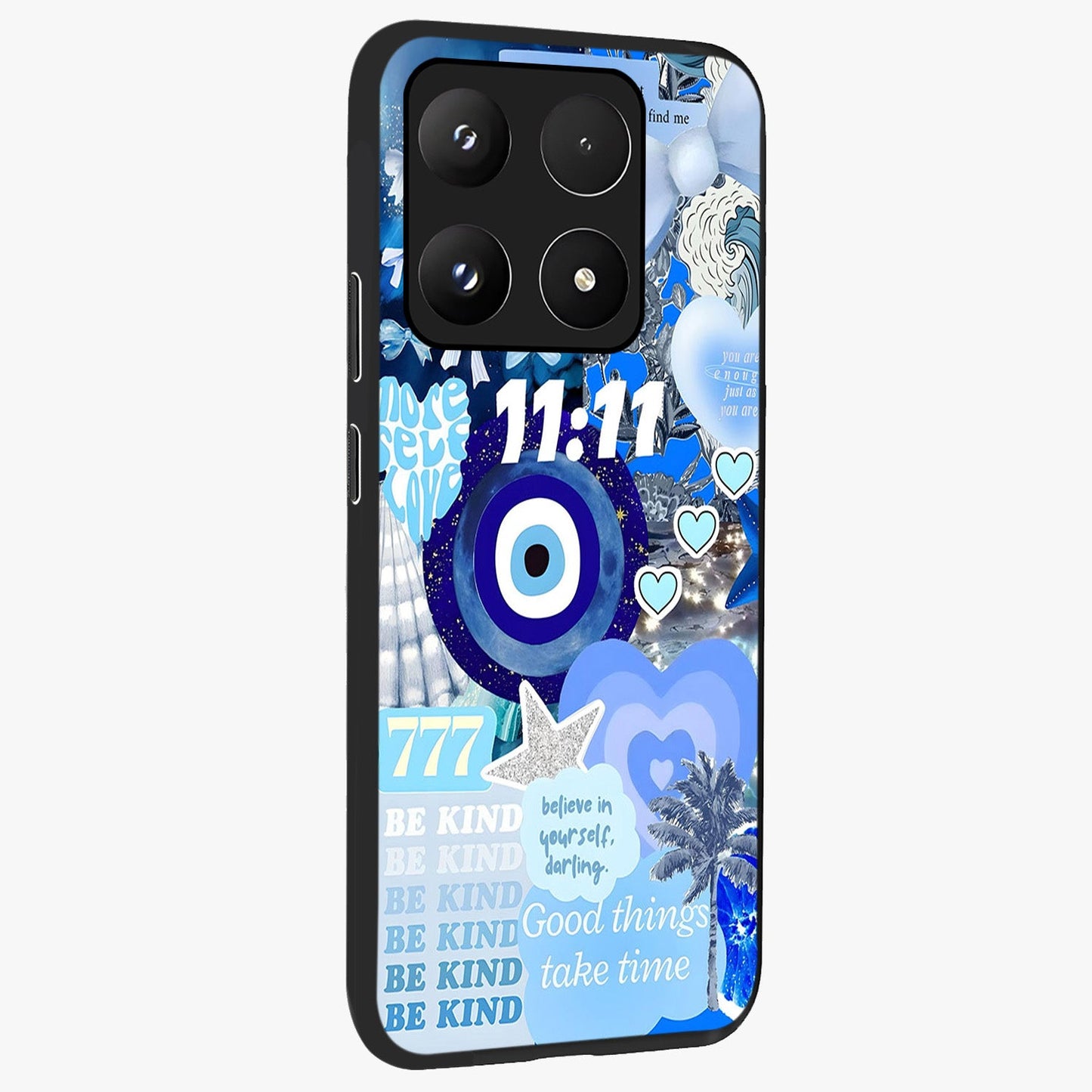 Aesthetic Be Kind Eye Glass Case upright view showcasing stylish eye illustration with positive message theme.