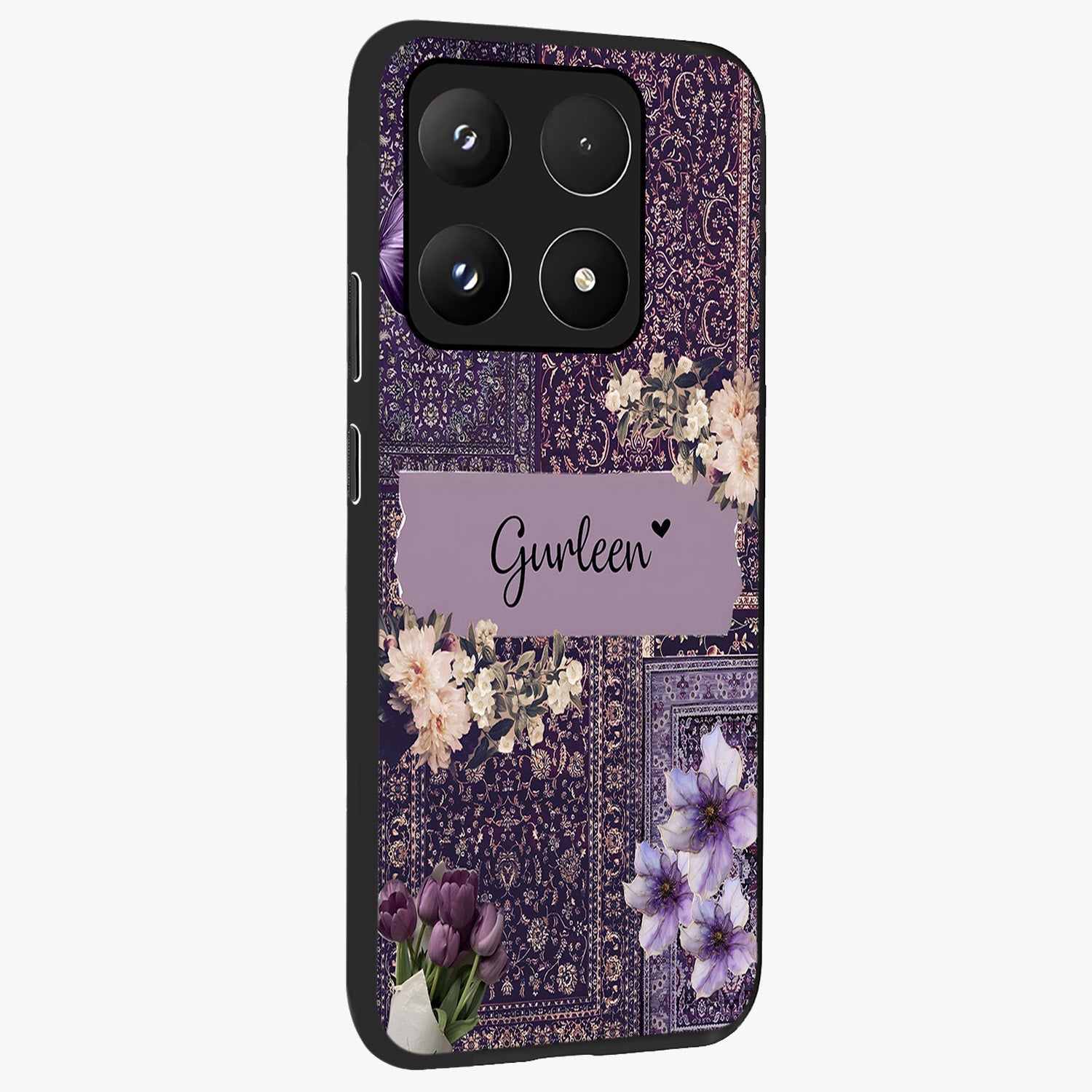 Antique Floral Whisper Custom Name Glass Case upright view showcasing delicate floral artwork with custom name feature.