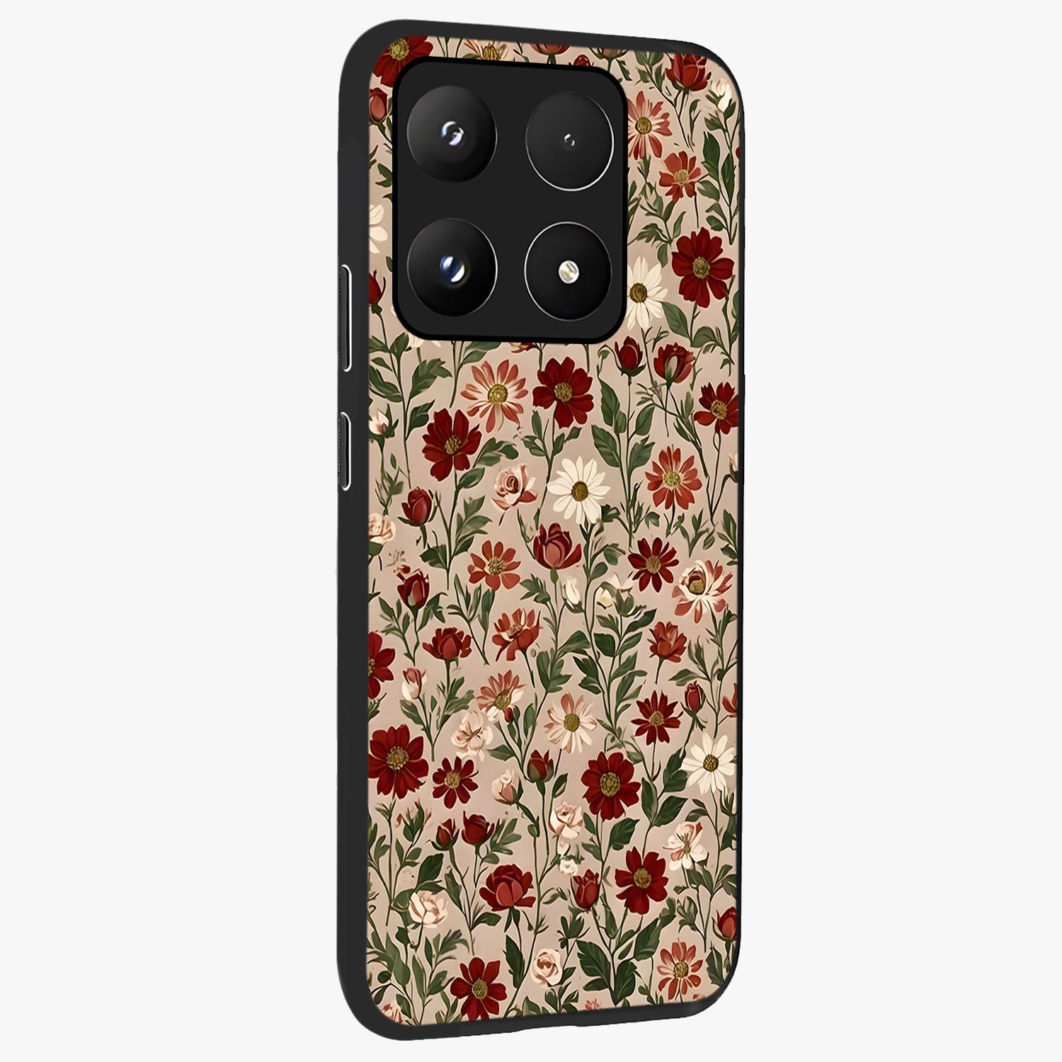 Biege Flower With Leaf Glass Case upright view showcasing delicate beige flower illustration with clean botanical style.