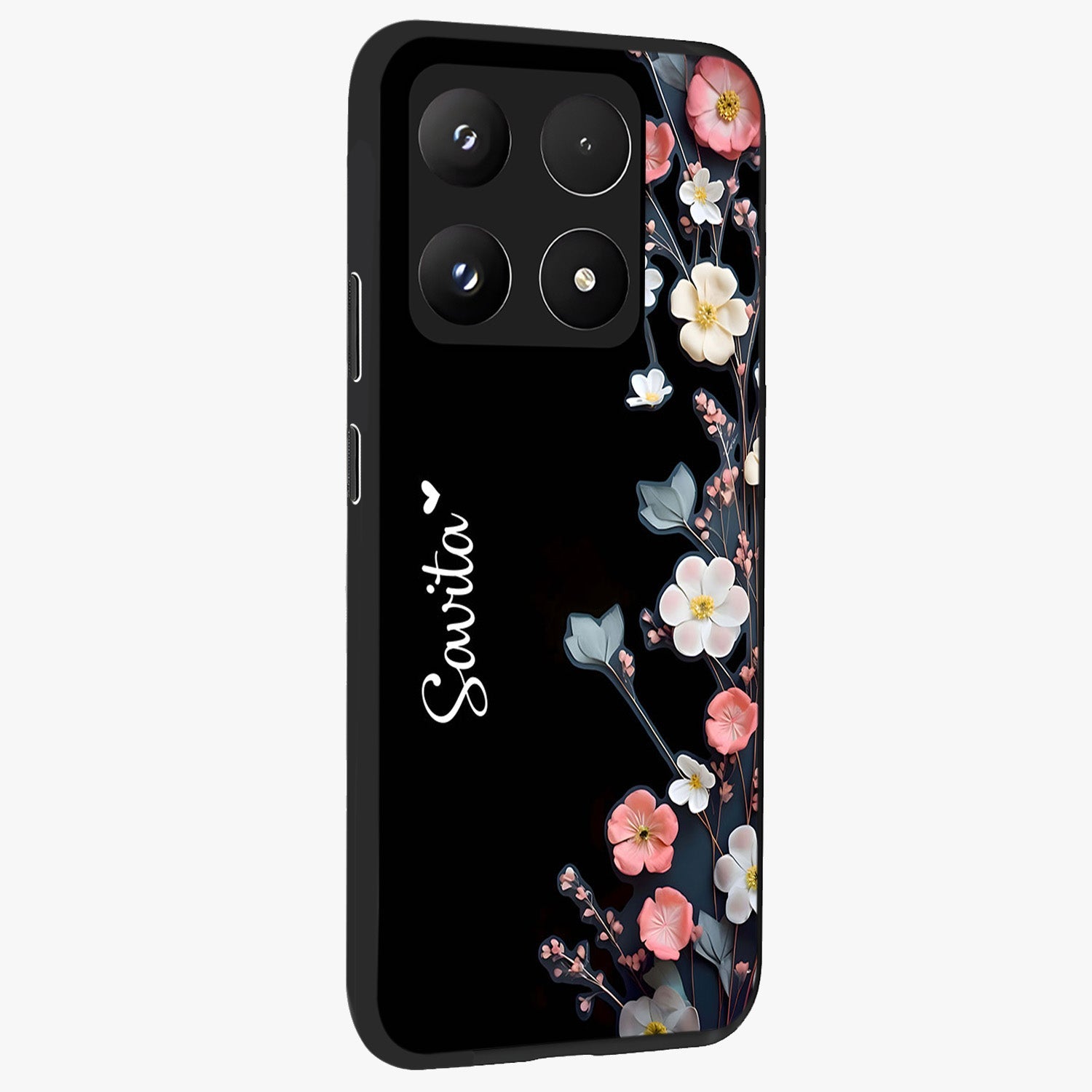 Black Elegance Floral Custom Name Glass Case upright view showcasing luxurious black floral design with personalized name detail.