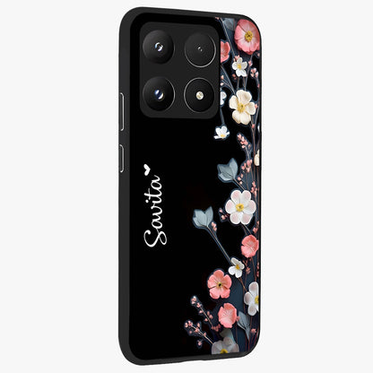 Black Elegance Floral Custom Name Glass Case upright view showcasing luxurious black floral design with personalized name detail.