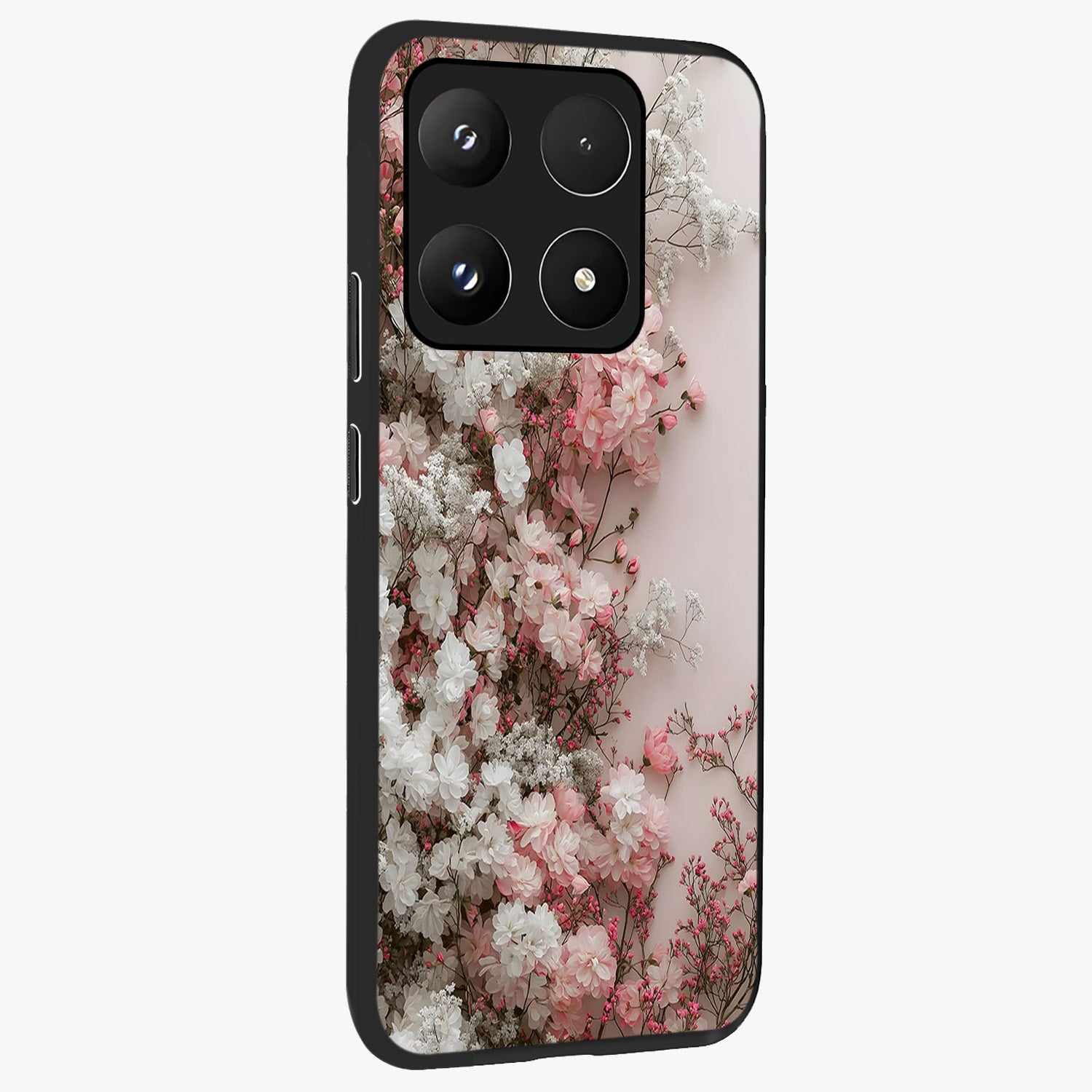 Blush Blossom Cloud Glass Case upright view showcasing calm floral cloud artwork with gentle dreamy theme.