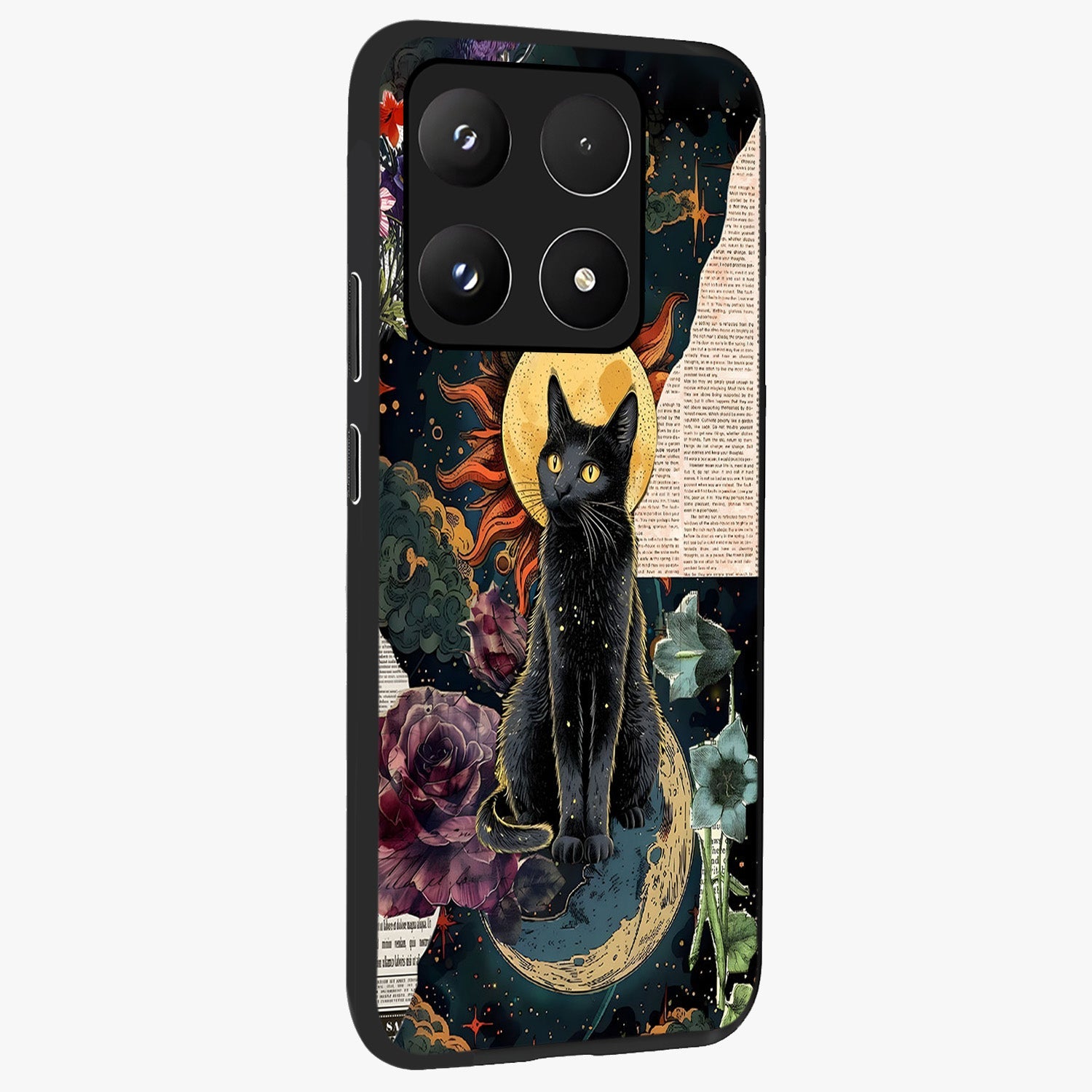 Celestial Black Cat Glass Case upright view showcasing magical black cat illustration with starry cosmic theme.
