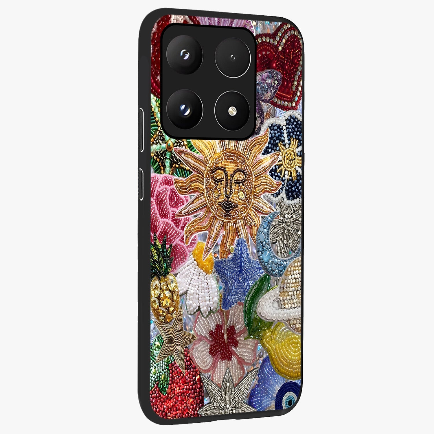 Celestial Floral and Playful Glass Case upright view showcasing whimsical floral artwork with cosmic aesthetic theme.