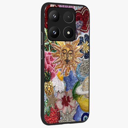 Celestial Floral and Playful Glass Case upright view showcasing whimsical floral artwork with cosmic aesthetic theme.