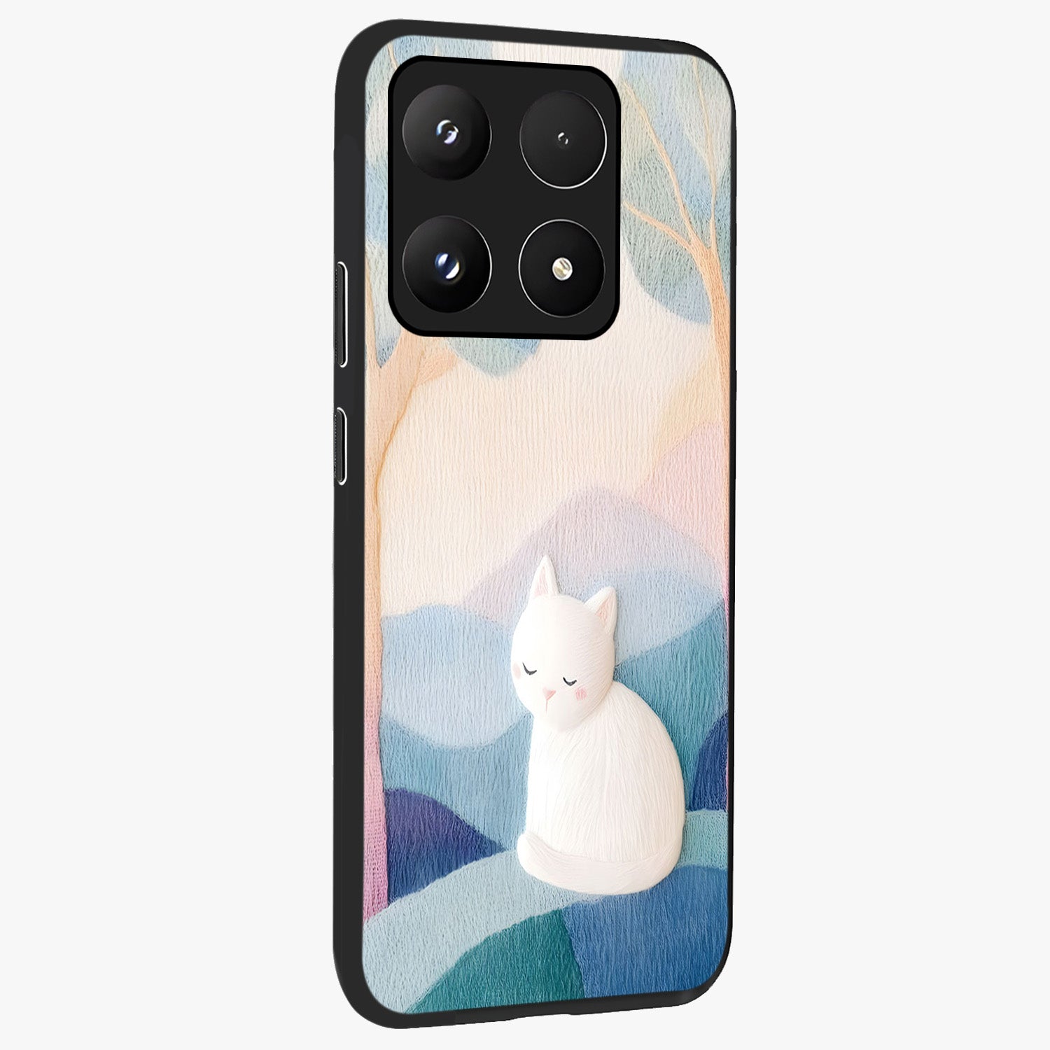 Cotton Dream Cat Glass Case upright view showcasing charming cat artwork with cozy dreamy theme.