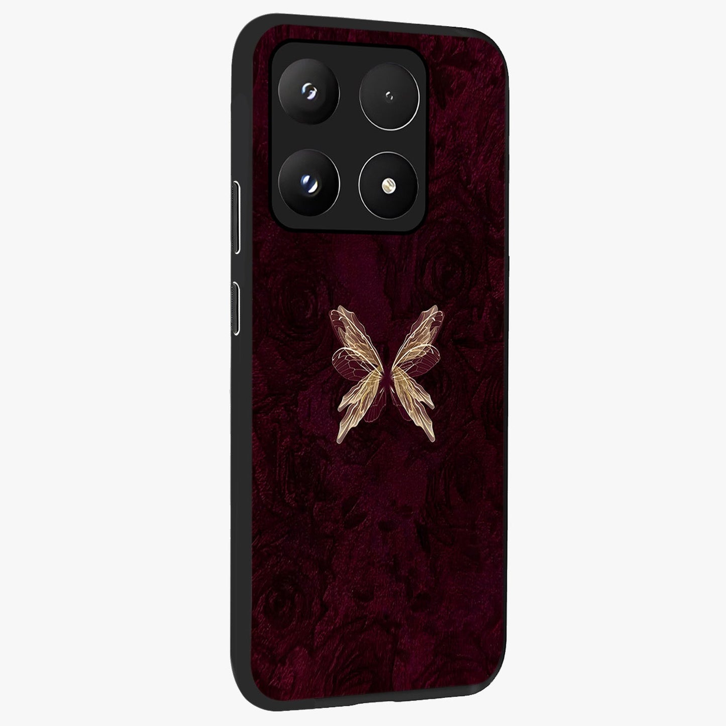 Crimson Fade Butterfly Glass Case upright view showcasing graceful butterfly artwork with soft crimson fade effect.