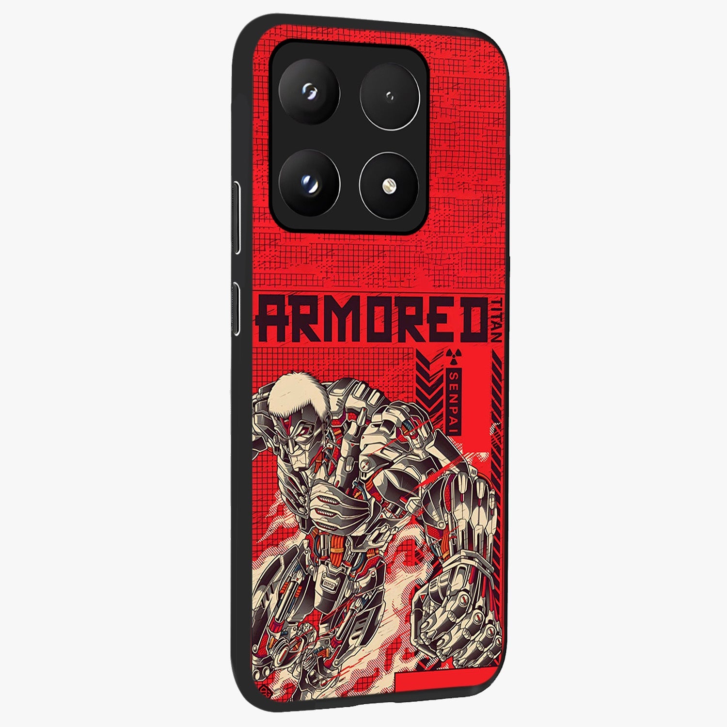 Crimson Mecha Titan Glass Case upright view showcasing dynamic robotic titan design with sci-fi inspired theme.