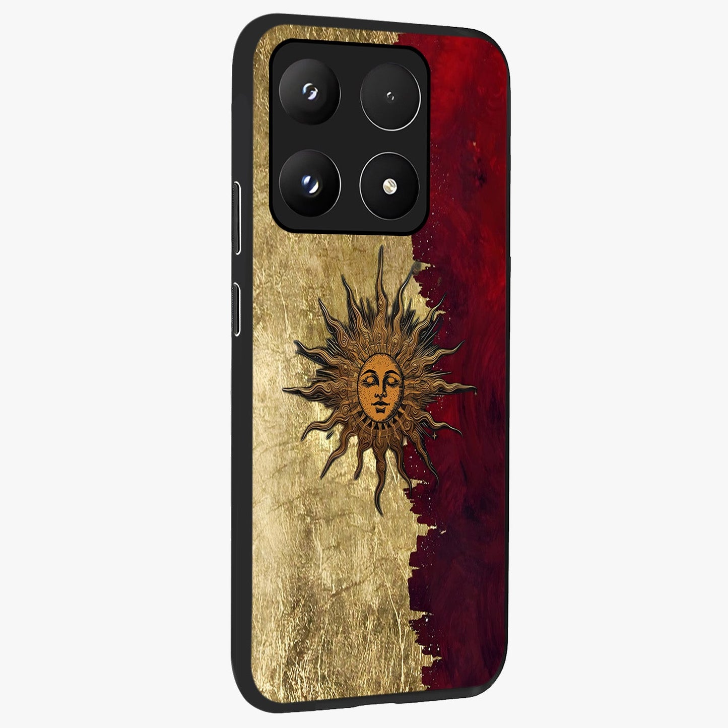 Crimson Sun Majesty Glass Case upright view showcasing vibrant sun artwork with powerful celestial theme.