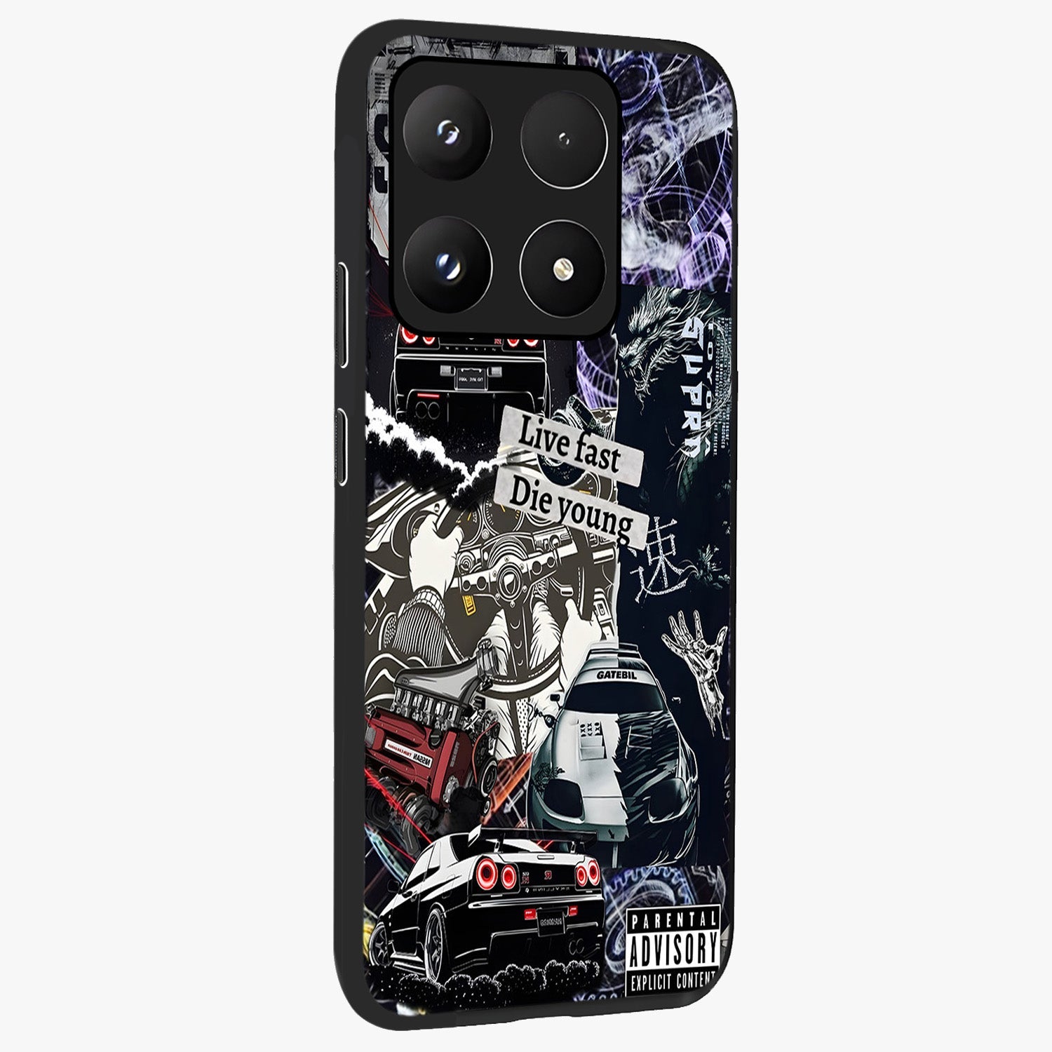 Die Young Glass Case upright view showcasing striking typography artwork with modern statement theme.