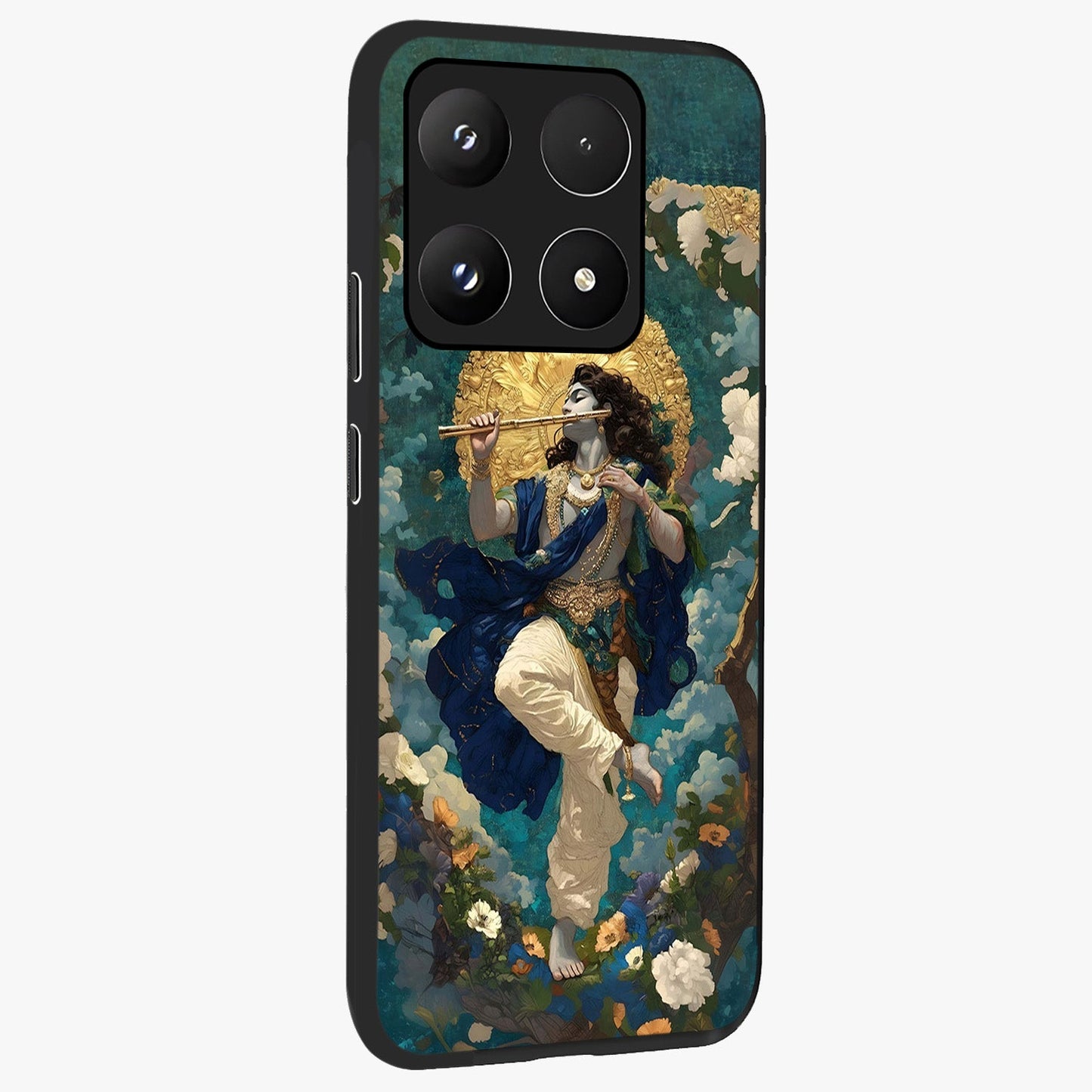 Divine Krishna Art Glass Case upright view showcasing divine Krishna artwork with sacred artistic theme.