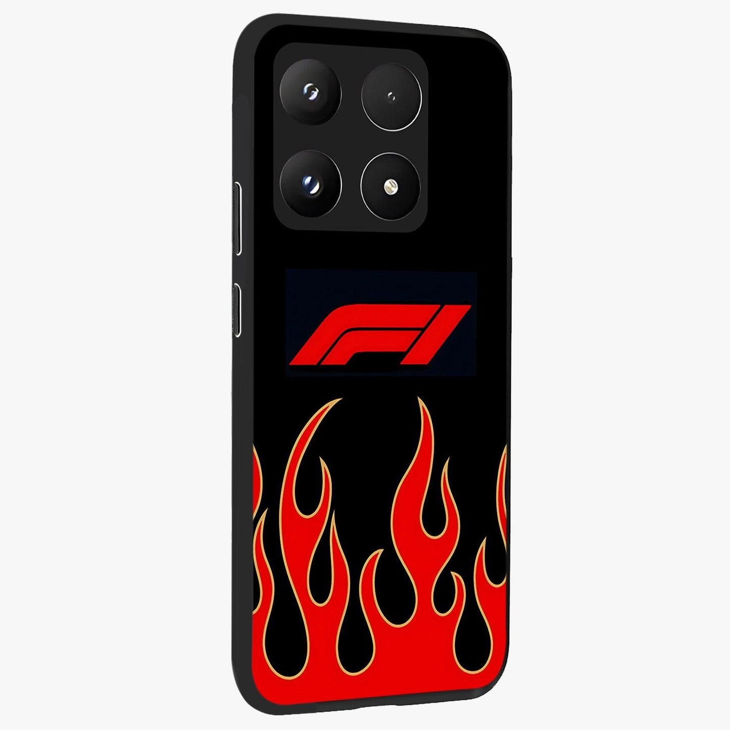 Fire F11 Glass Case upright view showcasing dynamic flame artwork with intense visual theme.