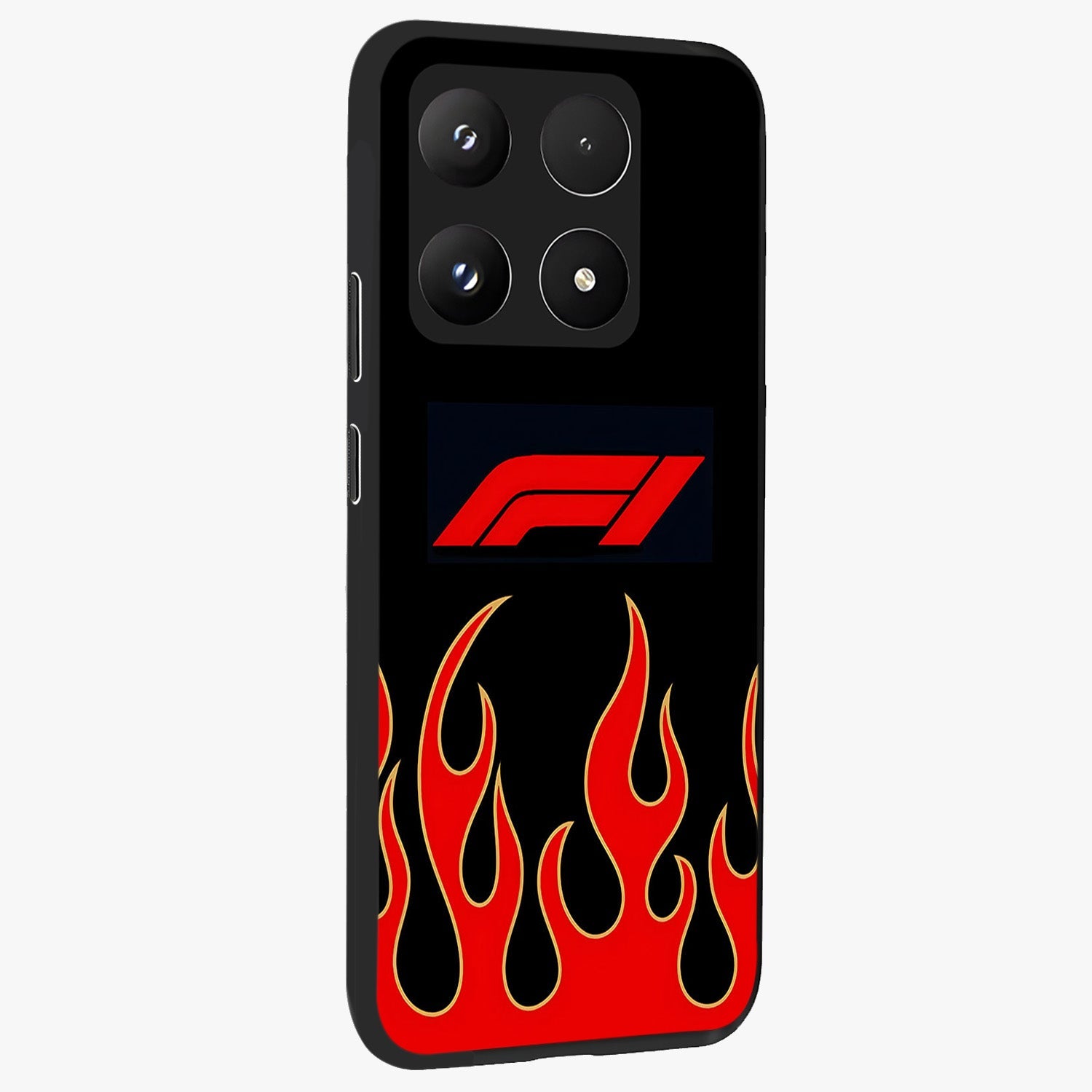 Fire F11 Glass Case upright view showcasing dynamic flame artwork with intense visual theme.