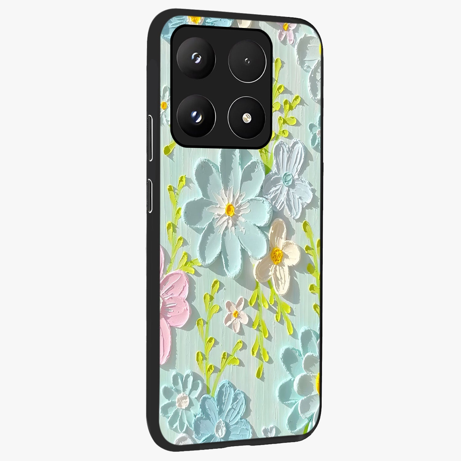 Frosted Petal Garden Glass Case upright view showcasing elegant floral garden artwork with soothing pastel theme.
