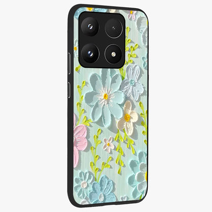 Frosted Petal Garden Glass Case upright view showcasing elegant floral garden artwork with soothing pastel theme.