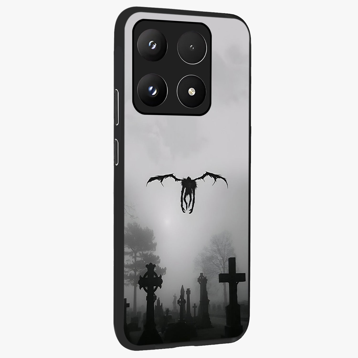 Graveyard Shadow Descent Glass Case upright view showcasing haunting graveyard artwork with dramatic dark theme.