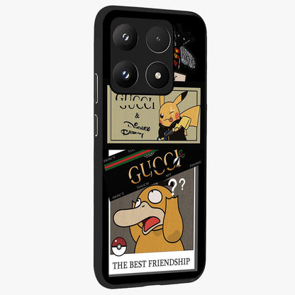 Gucci Play Mashup Glass Case upright view showcasing trendy luxury inspired artwork with modern fashion theme.