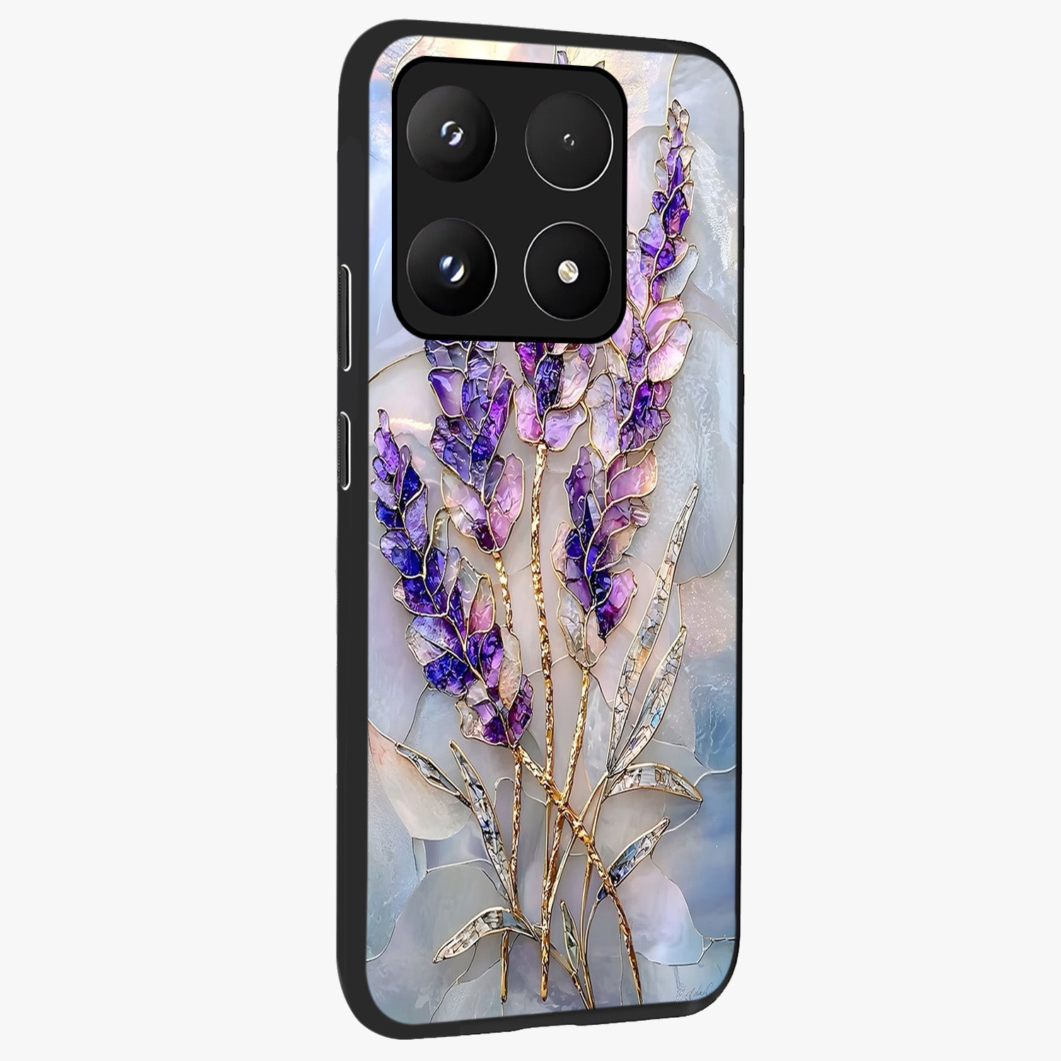 Lavender Dream Glow Glass Case upright view showcasing radiant lavender glow artwork with calming dreamy theme.