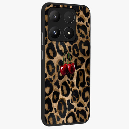 Leopard Wild Cherry Glass Case upright view showcasing stylish leopard pattern artwork with trendy fashion theme.