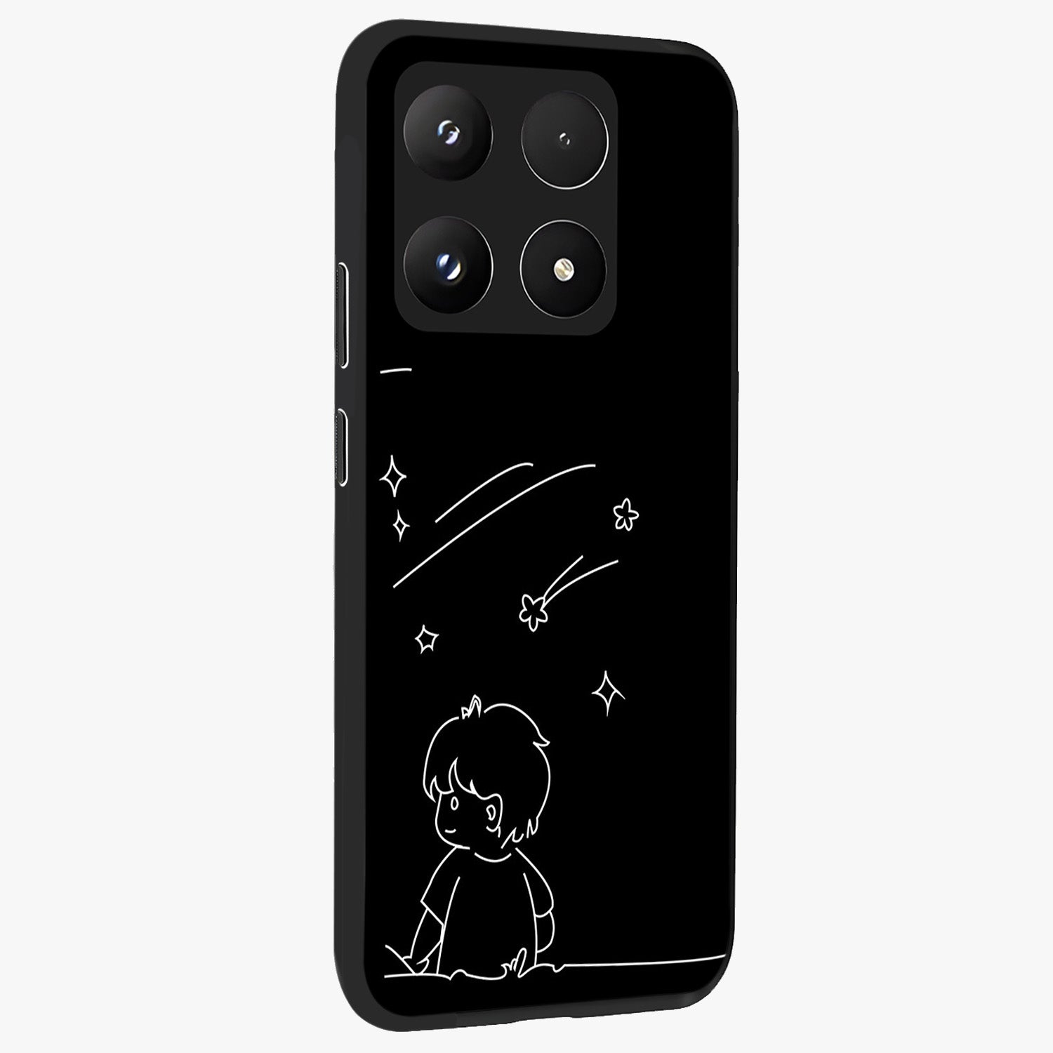 Line Art Boy With Shooting Stars Glass Case upright view showcasing artistic shooting star illustration with minimal style.