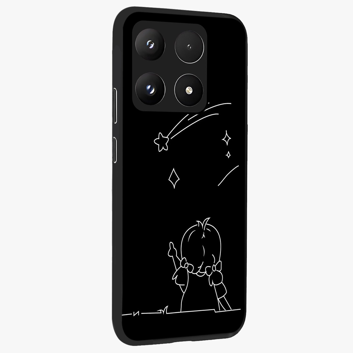 Line Art Girl With Shooting Stars Glass Case upright view showcasing delicate shooting stars artwork with minimal artistic theme.
