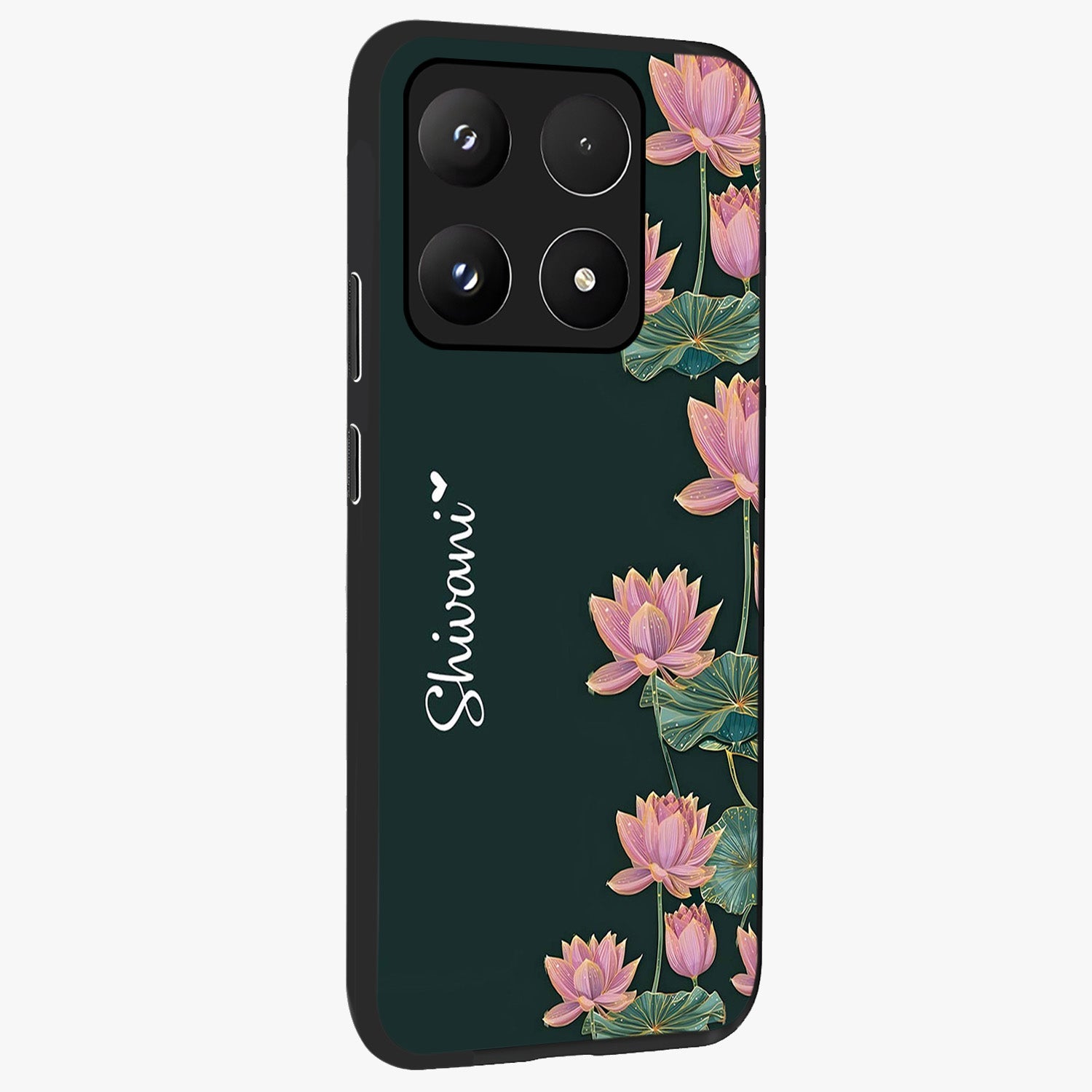 Lotus Bloom Serenity Custom Name Glass Case upright view showcasing serene lotus bloom artwork with personalized floral aesthetic.