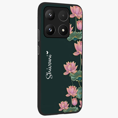 Lotus Bloom Serenity Custom Name Glass Case upright view showcasing serene lotus bloom artwork with personalized floral aesthetic.