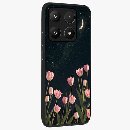 Midnight Tulip Whispers Vibe Glass Case upright view showcasing graceful tulip artwork with calm botanical theme.