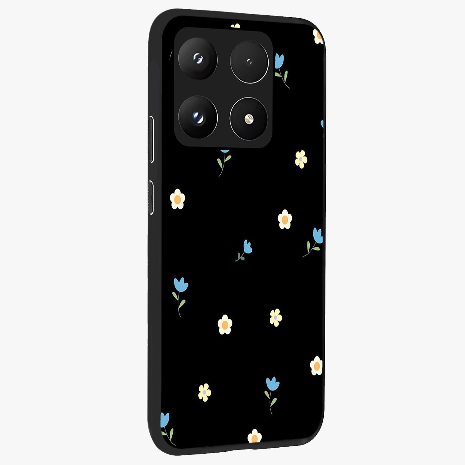 Minimal Petal Whispers Glass Case upright view showcasing elegant floral artwork with modern minimalist style.