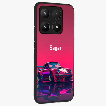 Neon Pink Porsche Glass Case upright view showcasing vibrant sports car artwork with bold automotive theme.