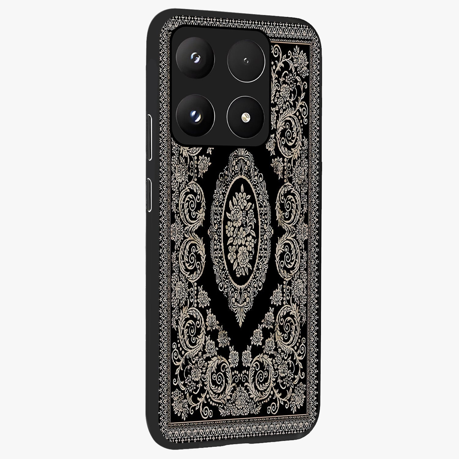 Noir Bloom Elegance Glass Case upright view showcasing graceful floral artwork with luxurious dark theme.