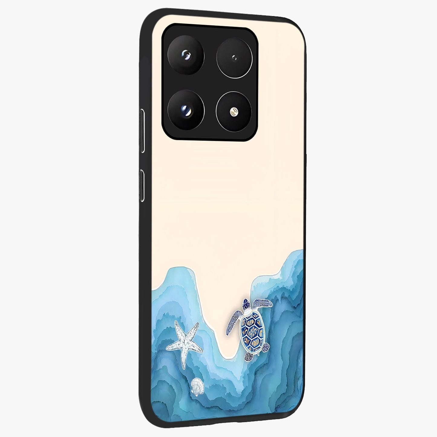 Ocean Drift Turtle Glass Case upright view showcasing calm underwater turtle artwork with nature inspired theme.