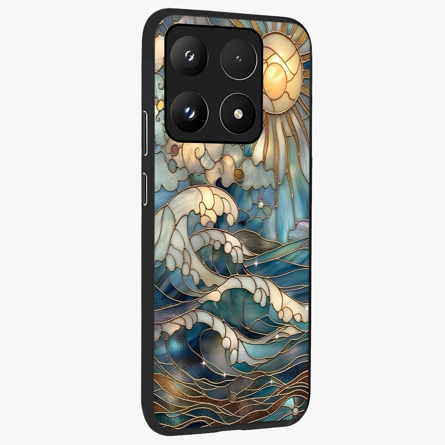 Oceanic Stained Printed Glass Case upright view showcasing decorative ocean pattern artwork with vibrant marine theme.