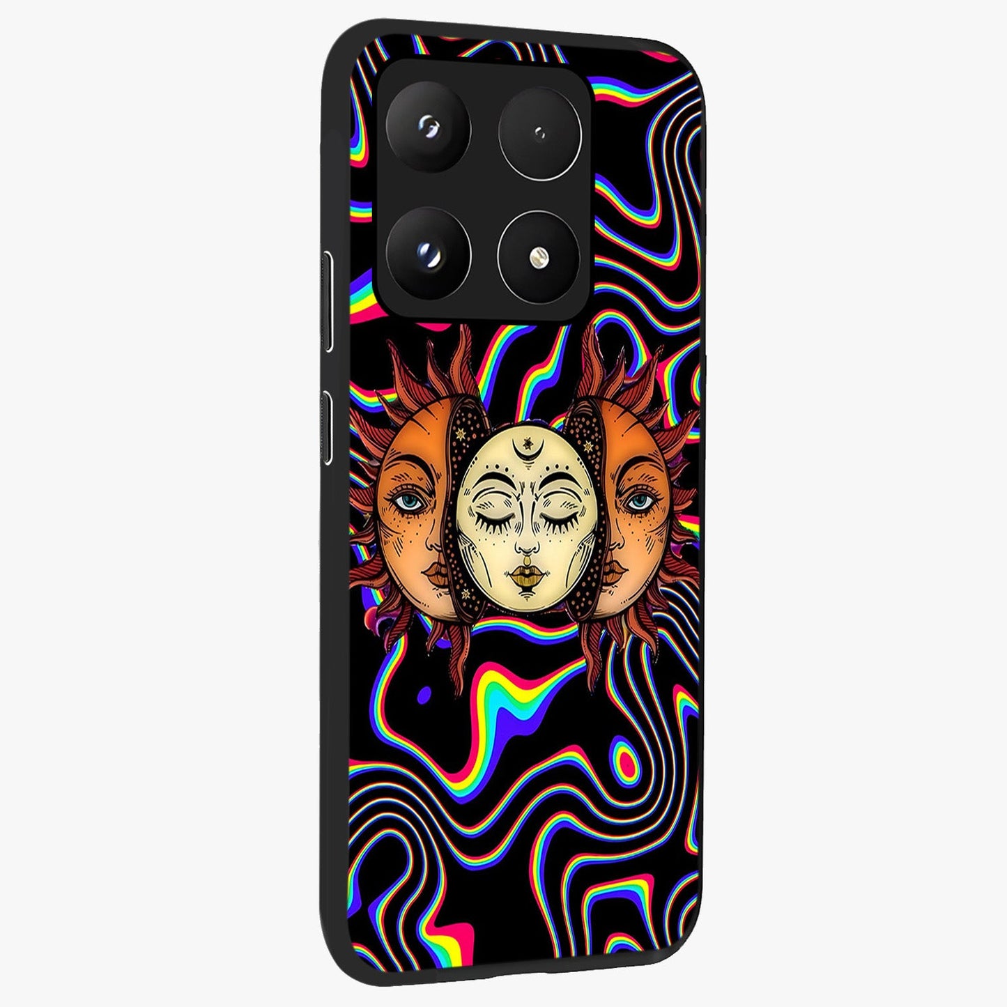 Psychedelic Sun Glass Case upright view showcasing trippy sun artwork with bold psychedelic theme.