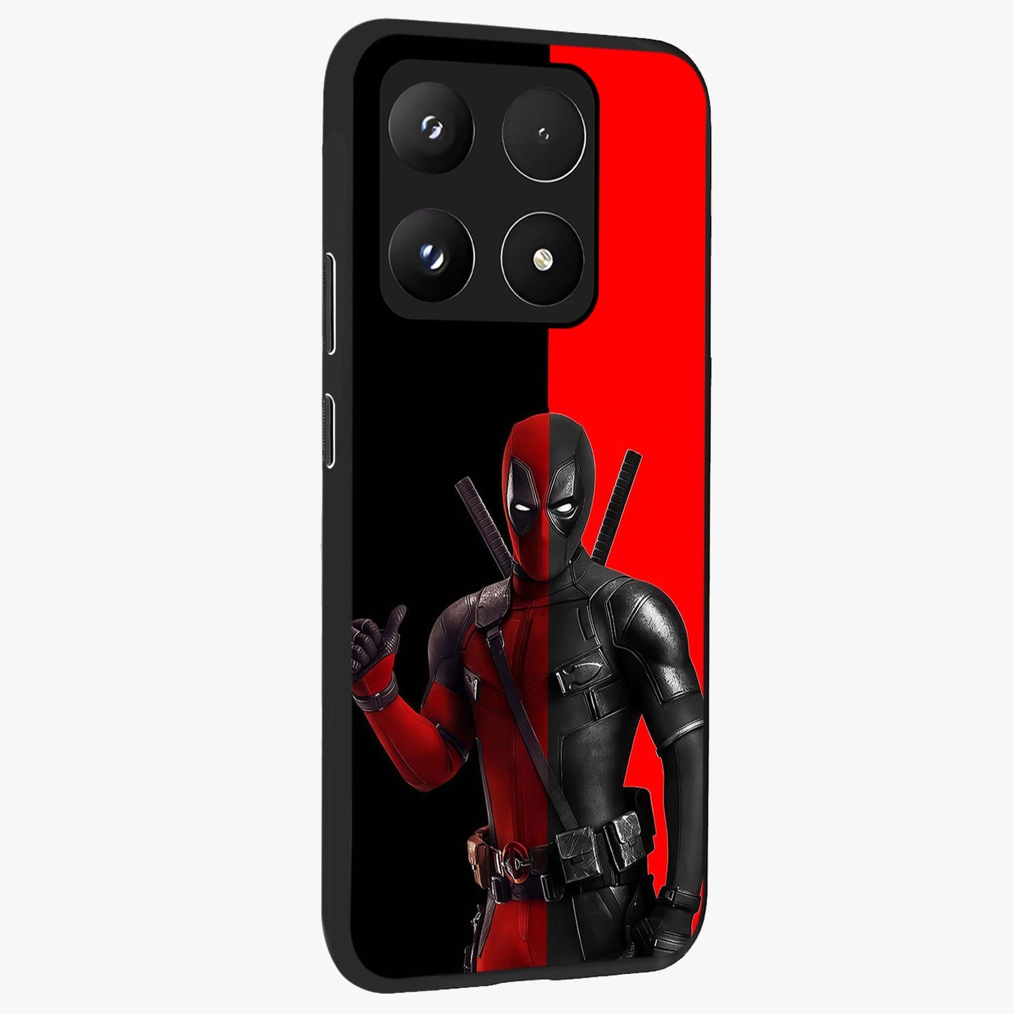 Red & Black Deadpool Theme Glass Case upright view showcasing energetic comic themed artwork with striking red and black design.