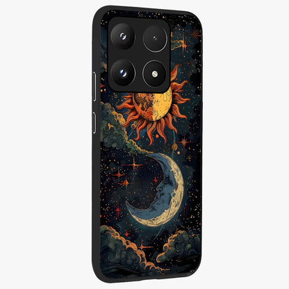 Sun And Moon Magic Design Glass Case upright view showcasing decorative sun and moon artwork with spiritual celestial theme.