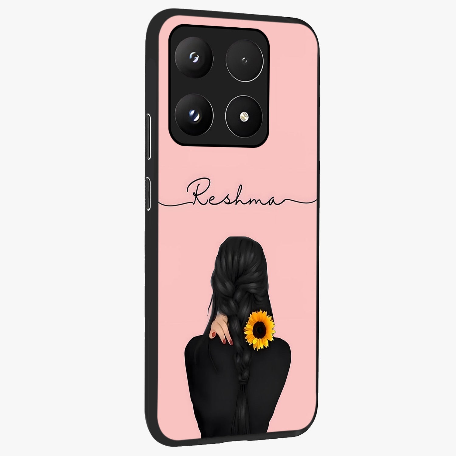 Sunflower Braid Beauty With Custom Name Glass Case upright view showcasing bright sunflower artwork with personalized floral aesthetic.