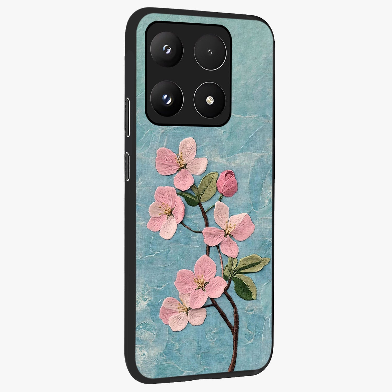 Threaded Blossom Breeze Glass Case upright view showcasing graceful flower artwork with calm botanical theme.