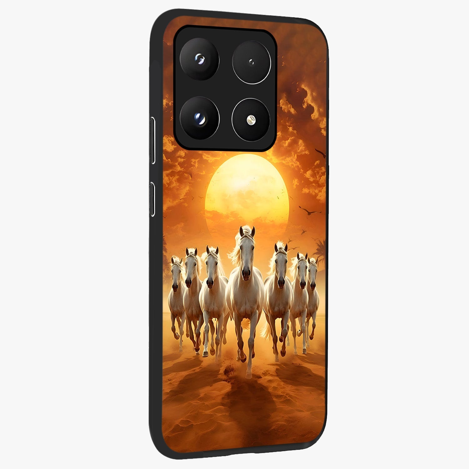 Wild Sunset Majesty Glass Case upright view showcasing dramatic sunset artwork with bold nature theme.